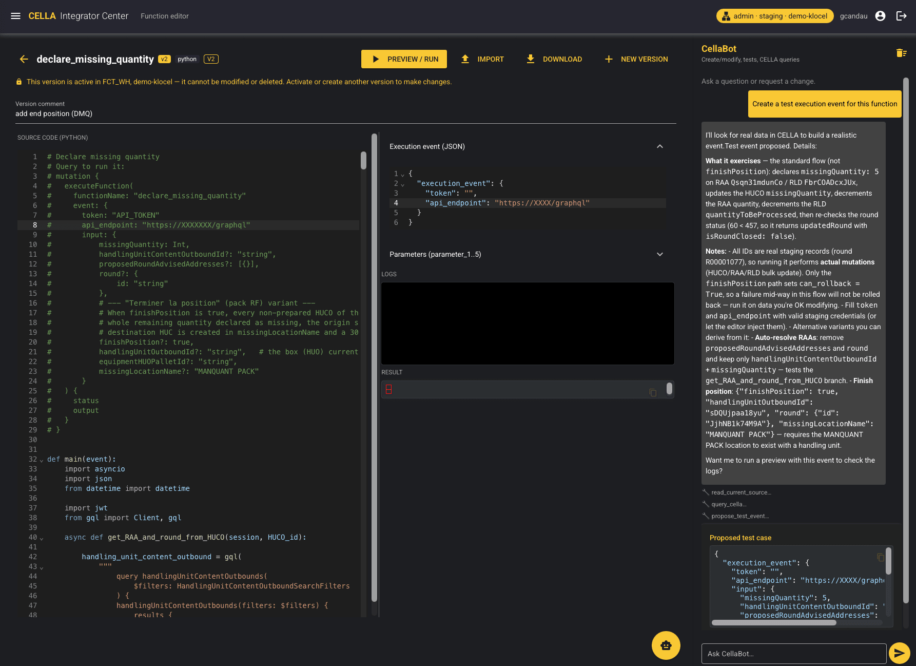 CellaBot schlägt einen realistischen Testfall für die geöffnete Funktion vor, gebaut auf echten Datensätzen