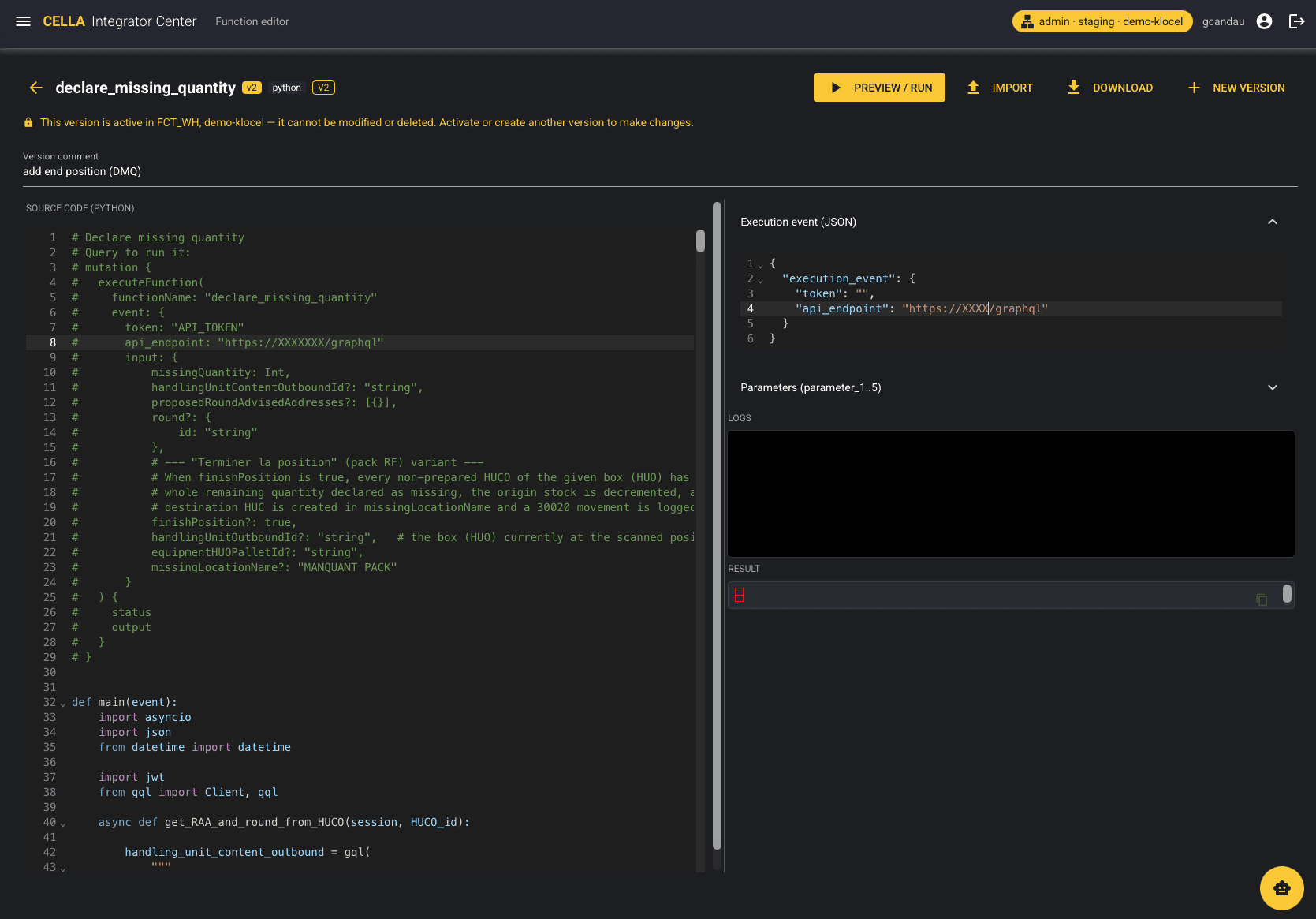 Der Funktionseditor: versionierter Code, Ausführungsevent, Logs und Ergebnis